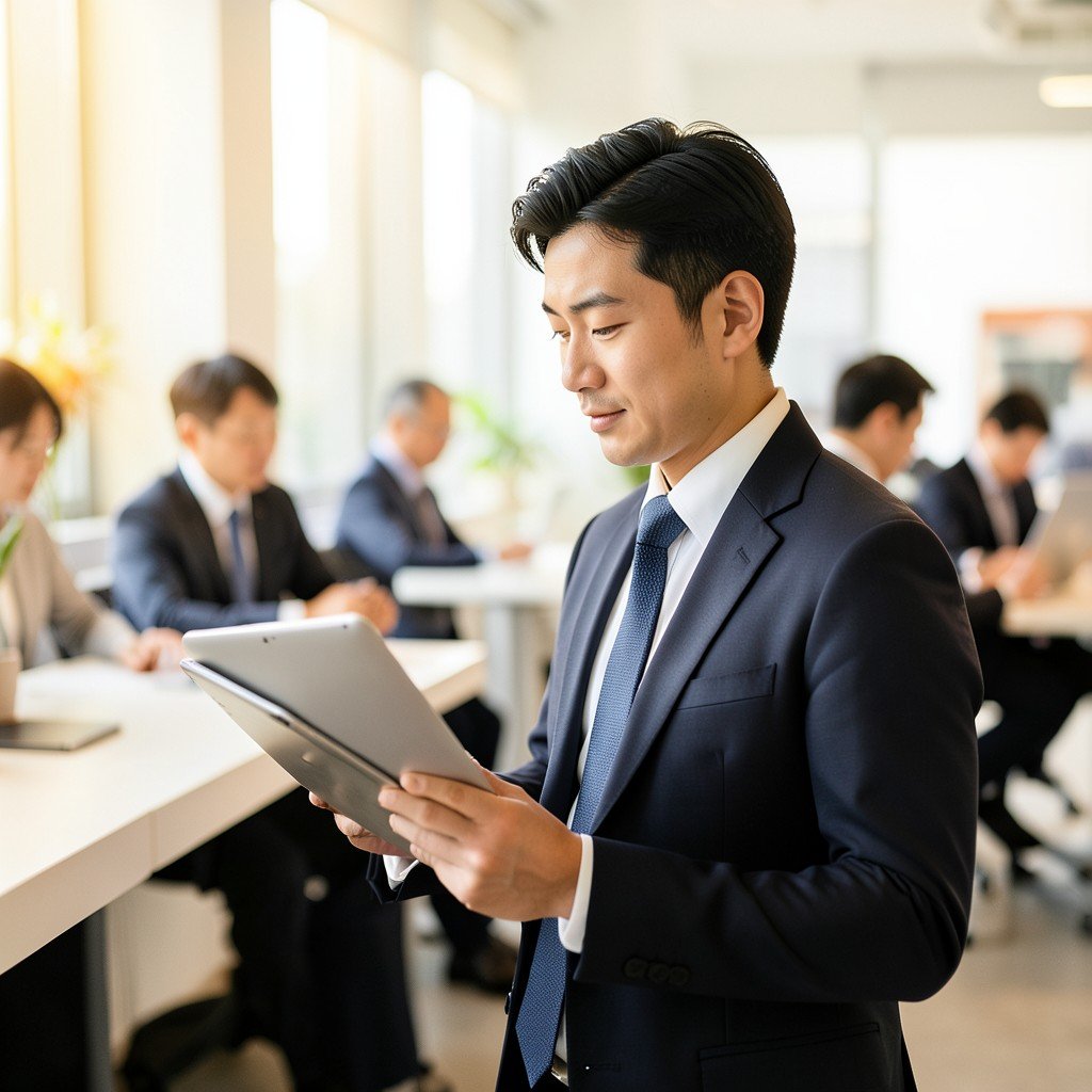 A Korean professional in business attire using a tablet at a bright modern office, colleagues working in the softly blurred background, warm natural lighting, lifestyle photography style, 4:3
