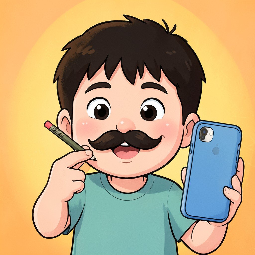 A playful illustration of a kid drawing a fake mustache with an eyebrow pencil in front of a phone camera, humorous tone, warm colorful background, cartoon style, no text, 4:3