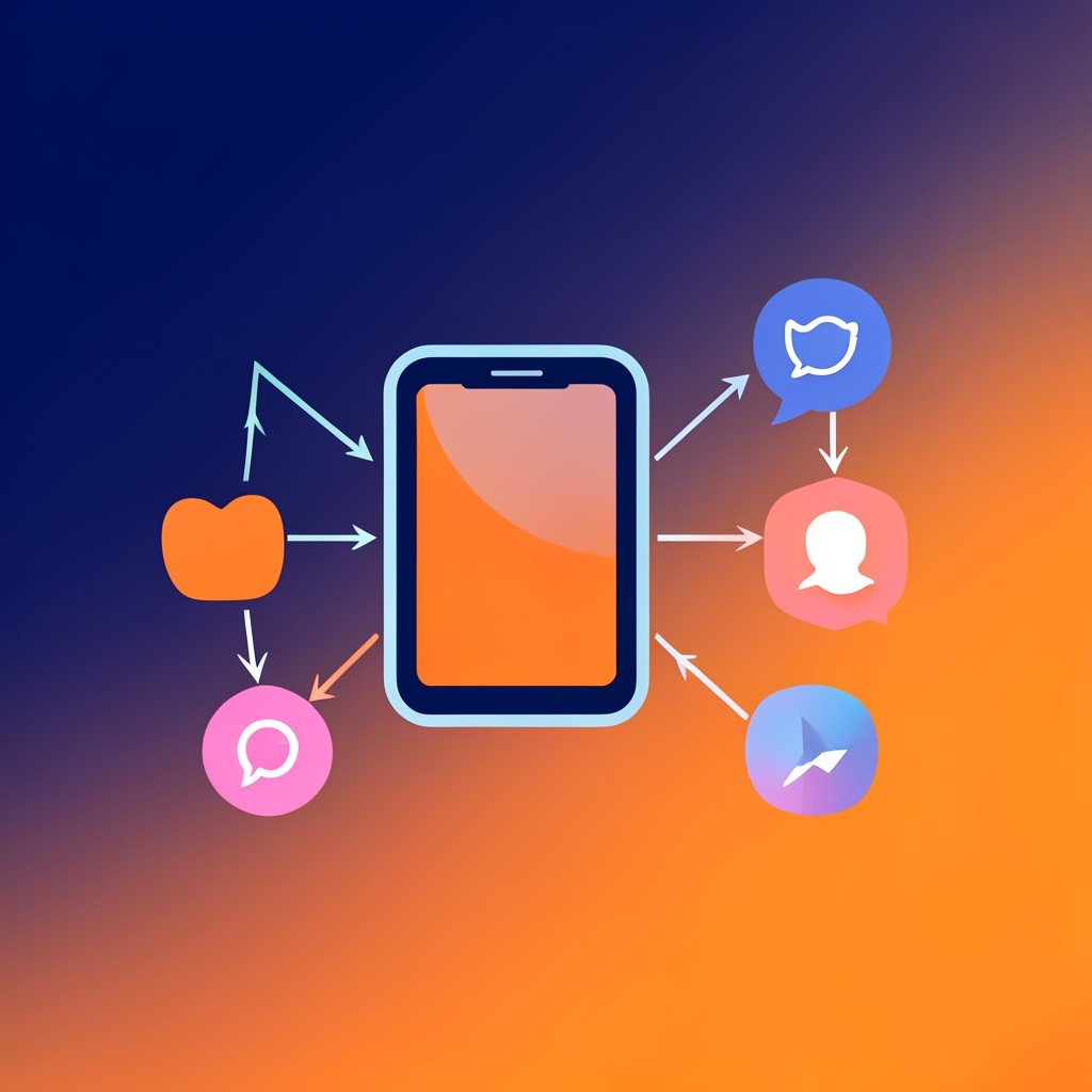 A conceptual illustration showing a smartphone app store icon and social media icons connected by arrows, modern flat design, deep blue and orange gradient background, no text, 1:1