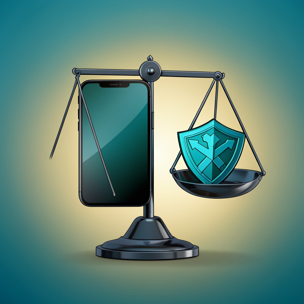 A balanced scale weighing a smartphone and a shield symbol, symbolic illustration of regulation versus technology, teal and gold gradient background, centered composition, no text, 4:3