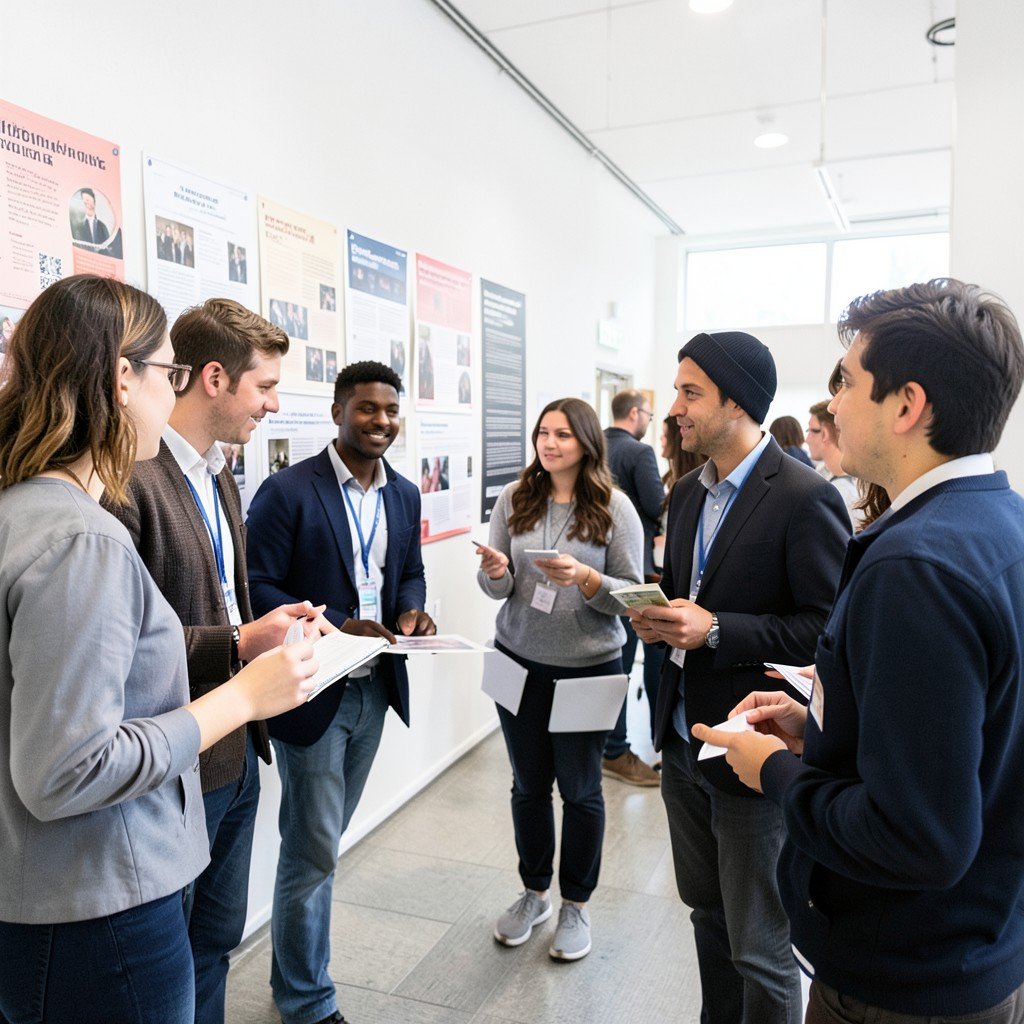 University students and small business owners discussing posters at an academic poster session in a bright exhibition hall, collaborative atmosphere, no visible text, 1:1