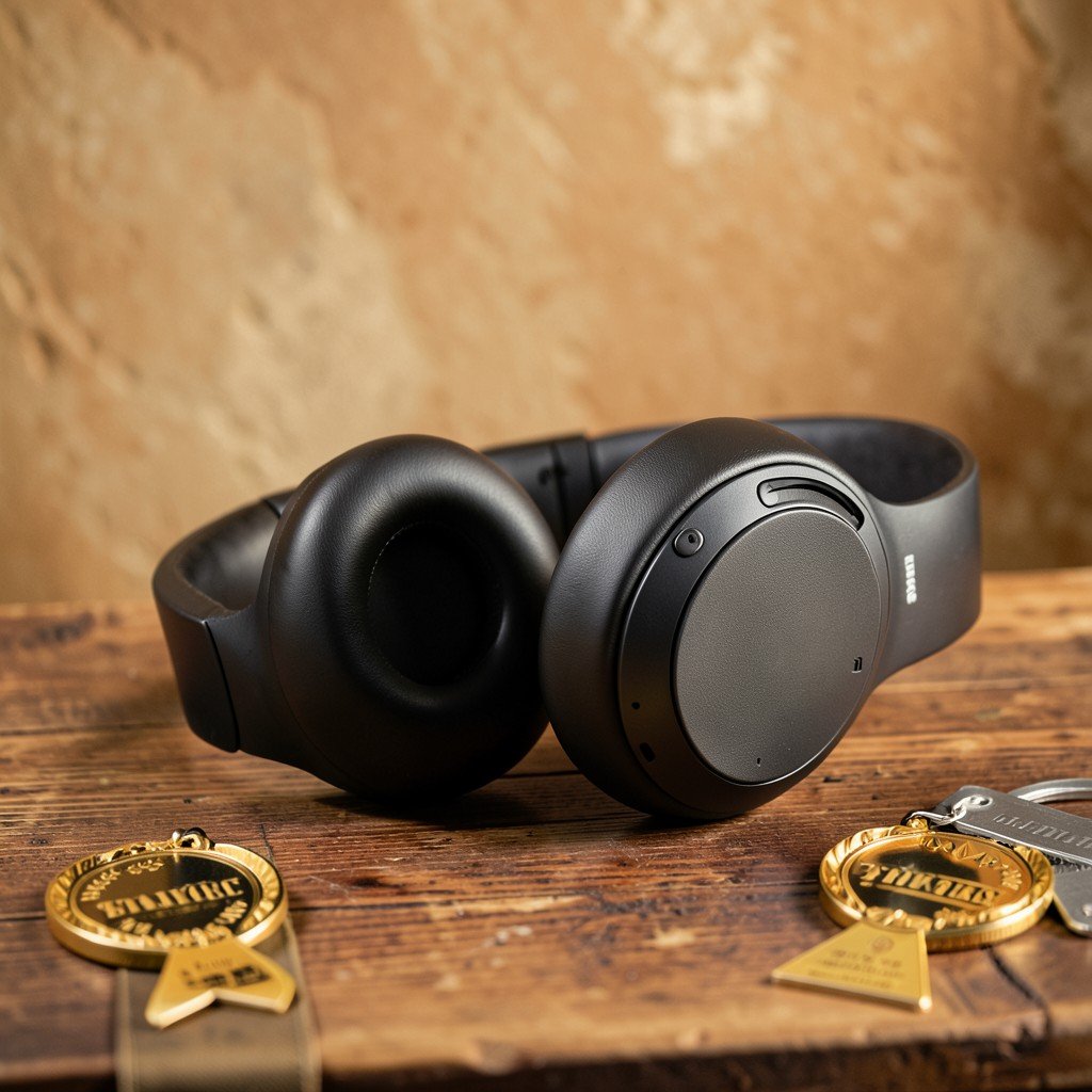 close-up of premium over-ear noise canceling headphones on a wooden table with award badge style decoration lifestyle photography warm balanced lighting textured background no text 4:3