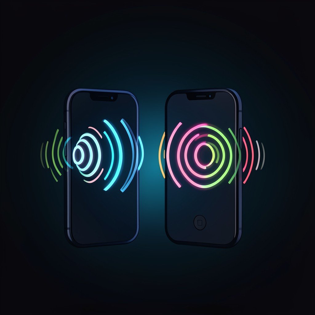 Abstract sound waves in two different colors flowing from a smartphone speaker, representing two distinct voices, dark background with soft gradient lighting, minimal illustration, no visible text, no logos, no watermark, aspect ratio 1:1