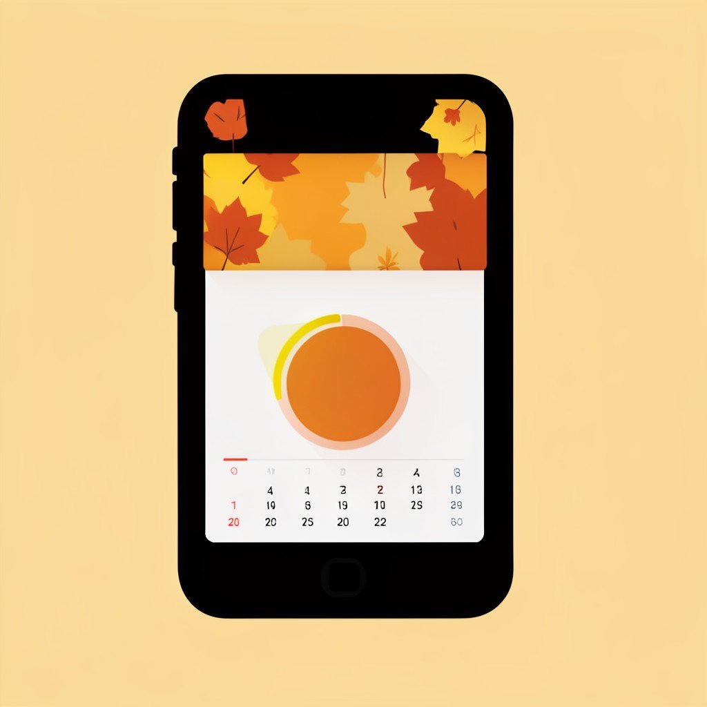 A calendar page flipping to autumn season with a smartphone showing a software update progress circle, warm autumn color palette, minimal flat design, no visible text, no logos, no watermark, aspect ratio 1:1