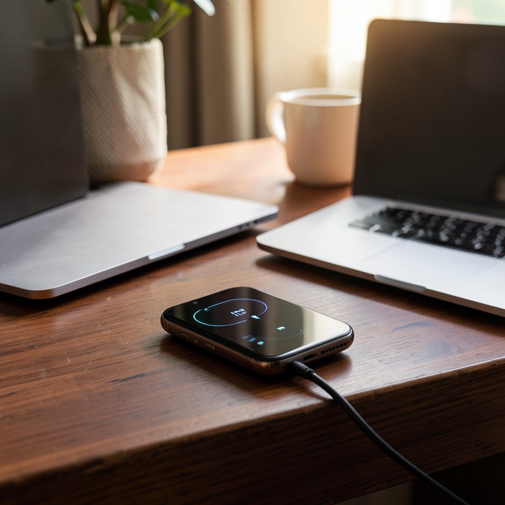 A smartphone wirelessly charging with a magnetic battery pack on a modern wooden desk beside a laptop and coffee cup, cozy home office atmosphere, no visible text, no logos, no watermark, aspect ratio 4:3