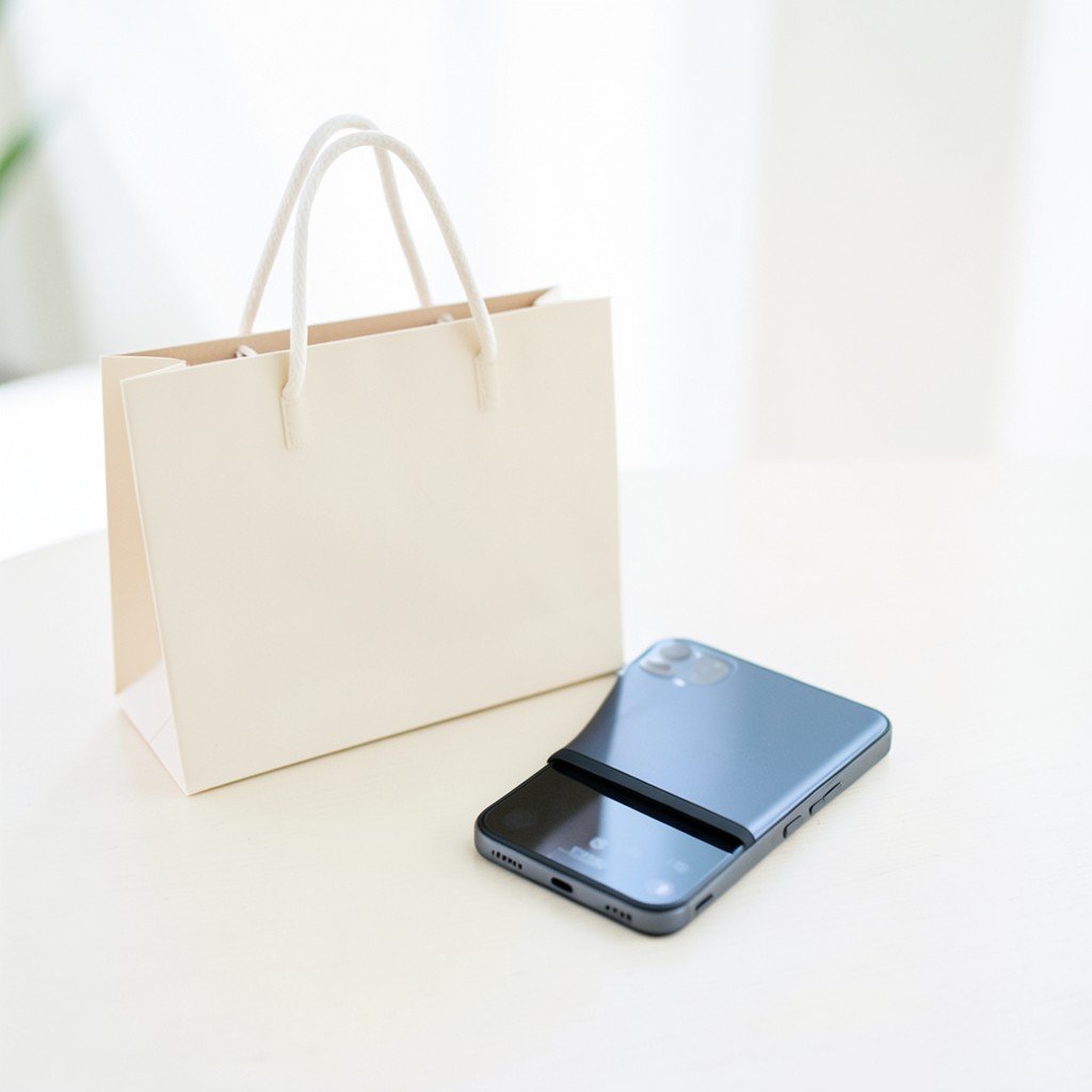 A slim smartphone accessory and battery pack placed next to a small shopping bag on a bright table, online shopping concept, clean minimal composition, no visible text, no logos, no watermark, aspect ratio 1:1