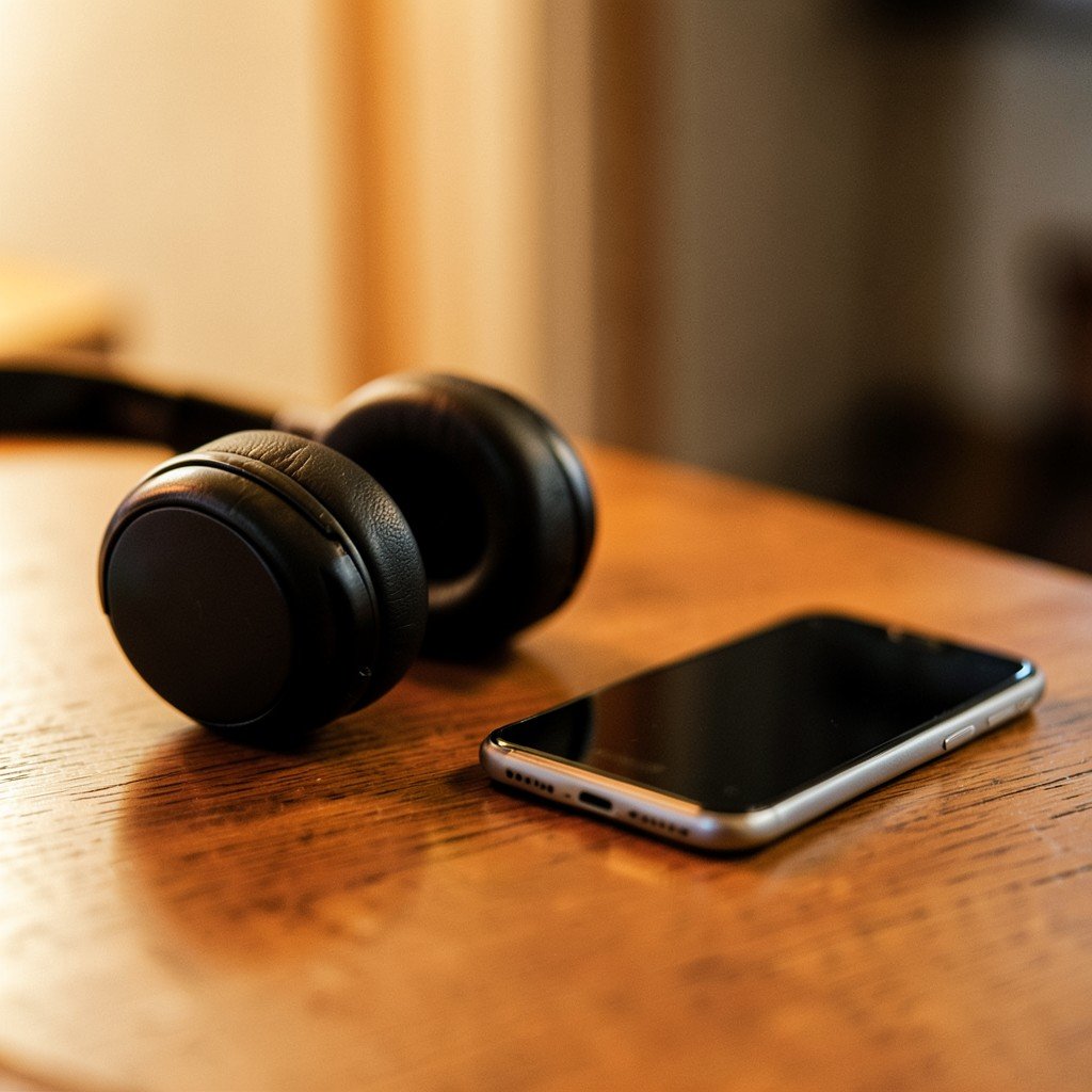 Over-ear headphones placed next to a smartphone on a wooden table, cozy indoor lighting, shallow depth of field, no visible text, no logos, no watermark, aspect ratio 1:1