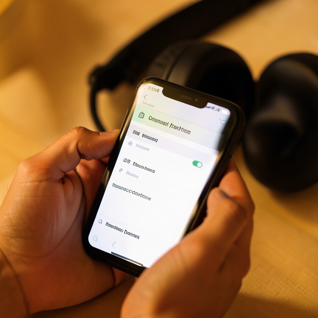Close-up of hands holding a smartphone displaying a settings screen while over-ear headphones rest nearby, warm ambient light, no visible text, no logos, no watermark, aspect ratio 4:3