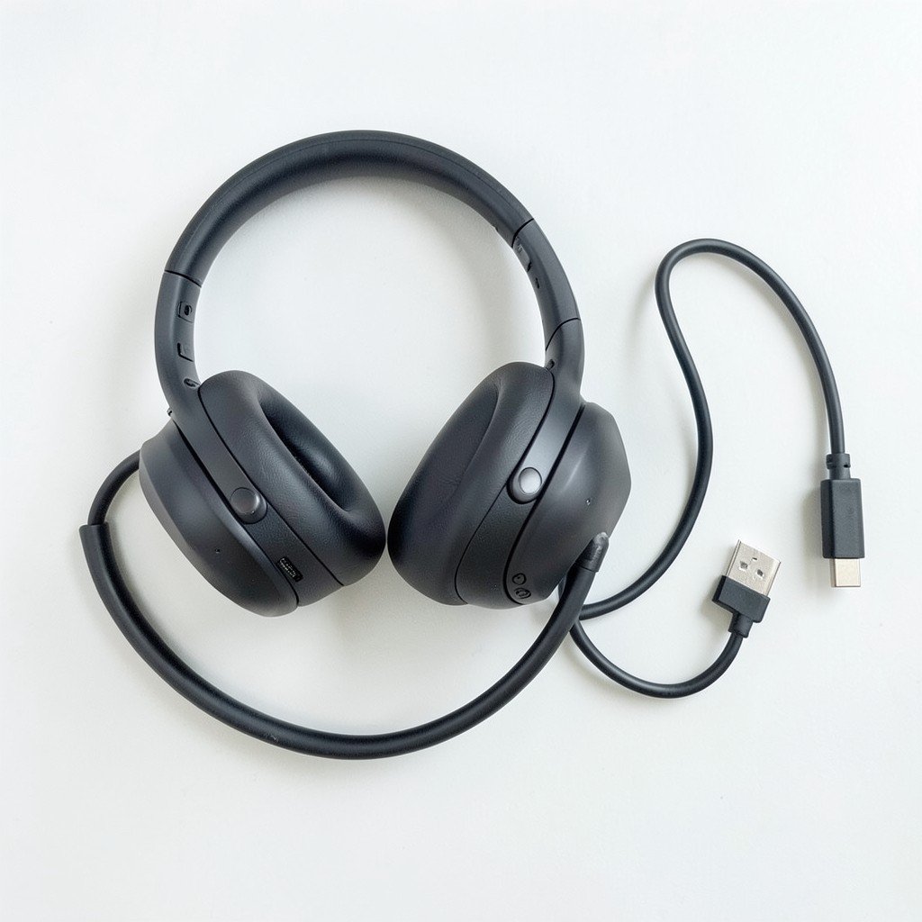 Flat lay of premium over-ear headphones with a USB-C cable and charging adapter on a bright desk, clean composition, no visible text, no logos, no watermark, aspect ratio 1:1