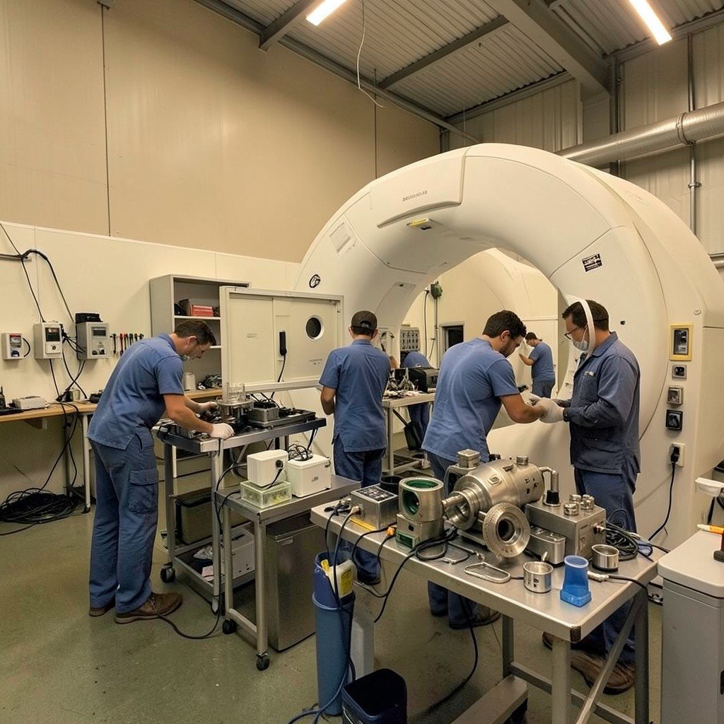 Technicians refurbishing medical imaging equipment in a well-organized workshop with CT scanner components, clean industrial interior with warm lighting, no visible text, no logos, no watermark, aspect ratio 1:1