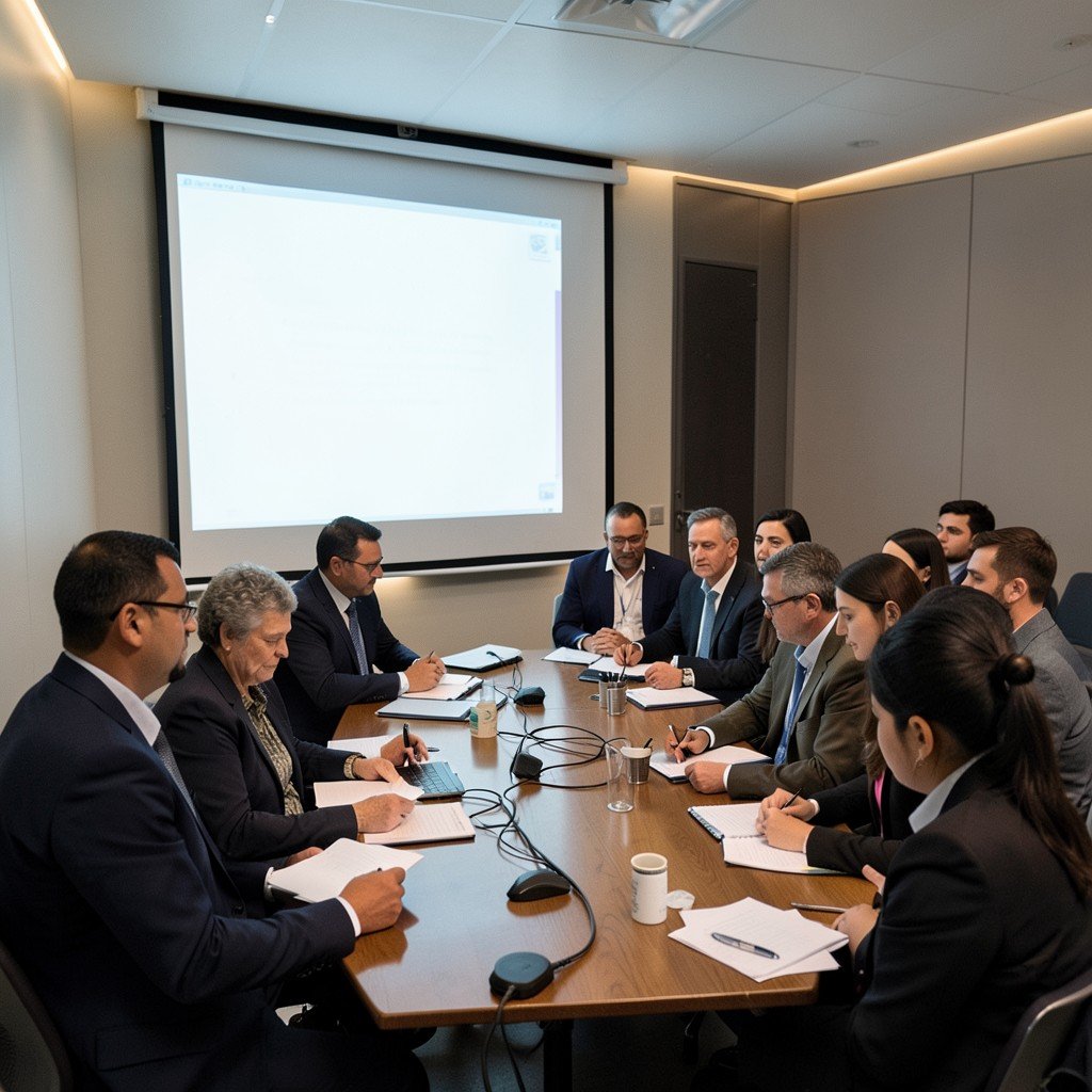 A professional training session in a modern university lecture hall with attendees discussing manufacturing technology, presentation screen glowing softly, diverse group of professionals taking notes, no visible text, no logos, no watermark, aspect ratio 4:3