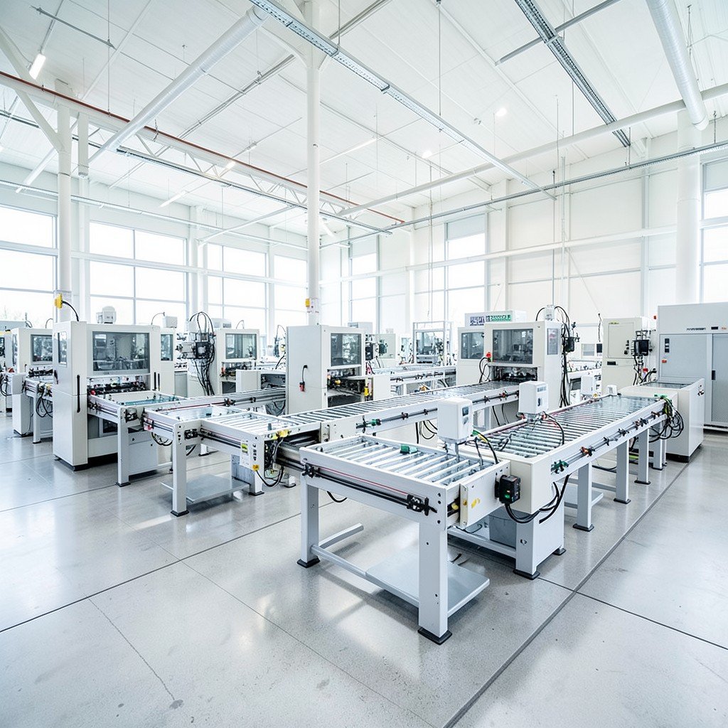 Wide view of a high-tech smart factory floor in the United States with automated conveyor systems and sensor-equipped machinery under bright daylight, clean and futuristic industrial atmosphere, no visible text, no logos, no watermark, aspect ratio 4:3