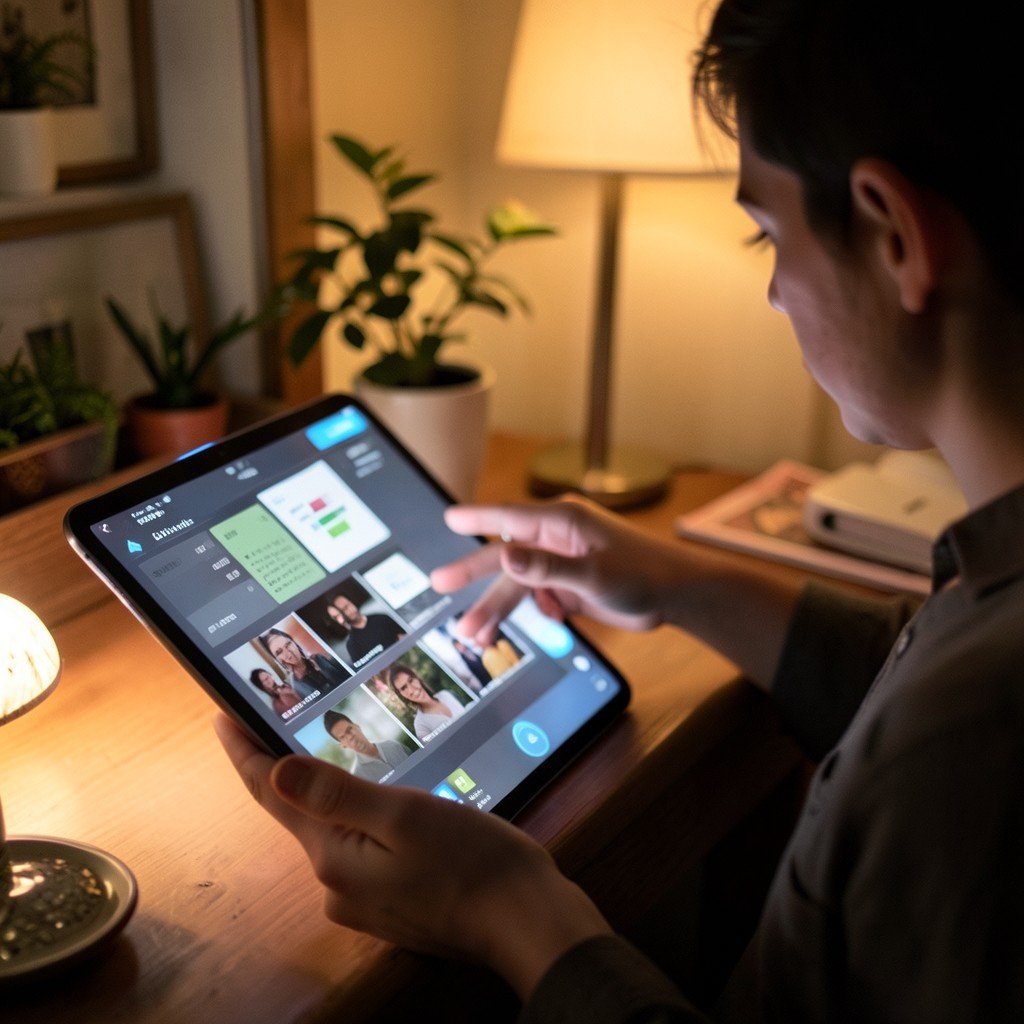 A person analyzing photos and charts on a tablet with an AI assistant interface glowing softly, cozy home office, warm lighting, no visible text, no logos, no watermark, aspect ratio 1:1