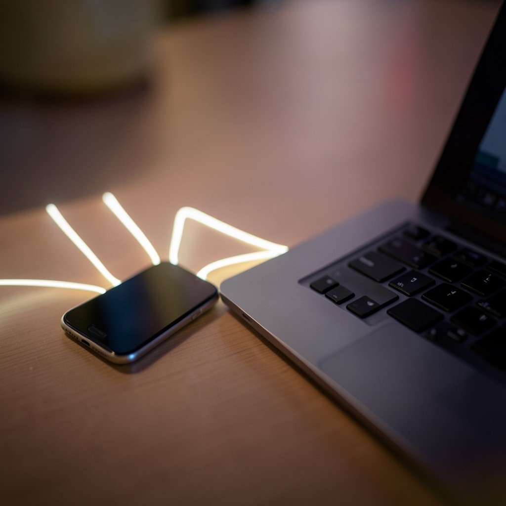 A smartphone and laptop side by side on a desk with soft glowing connection lines symbolizing memory and context, evening ambient light, no visible text, no logos, no watermark, aspect ratio 4:3