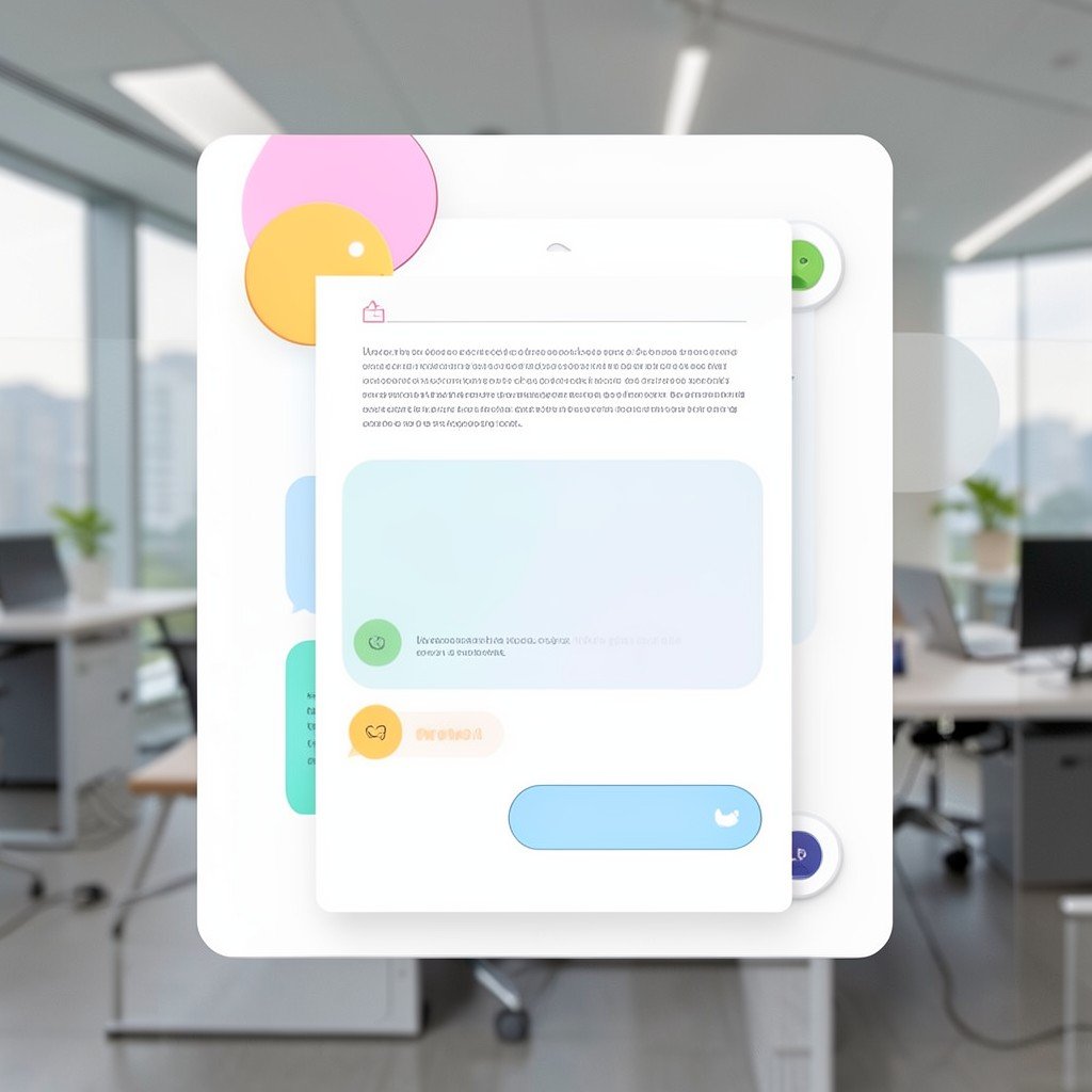 A friendly interactive chatbot panel beside an abstract document layout with speech bubbles, modern office background, no visible text, no logos, no watermark, aspect ratio 1:1