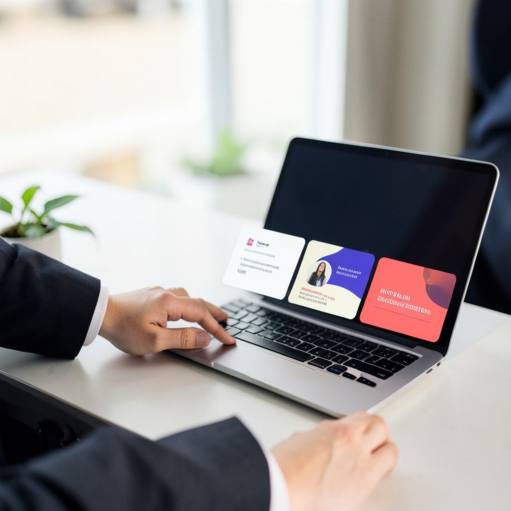 A professional sharing a document experience link with recipients through abstract message cards on a laptop, no charts or numbers, no visible text, no logos, no watermark, aspect ratio 1:1