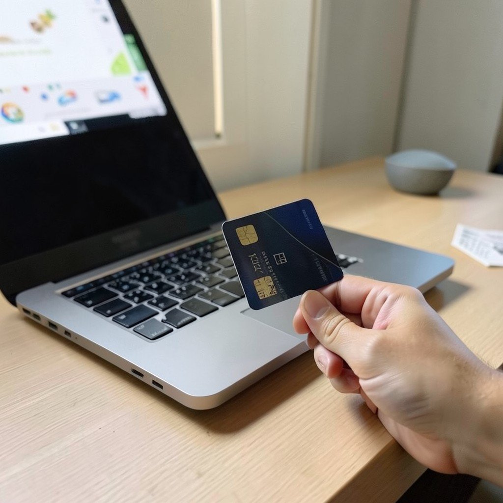 A hand holding a credit card near a laptop on a tidy desk, cautious online shopping scene, no visible text, no logos, no watermark, aspect ratio 1:1