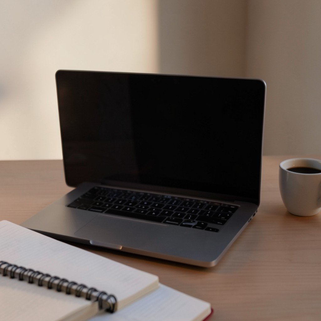 A modern laptop placed on a calm workspace with a notebook and coffee cup, soft evening light, no visible text, no logos, no watermark, aspect ratio 1:1