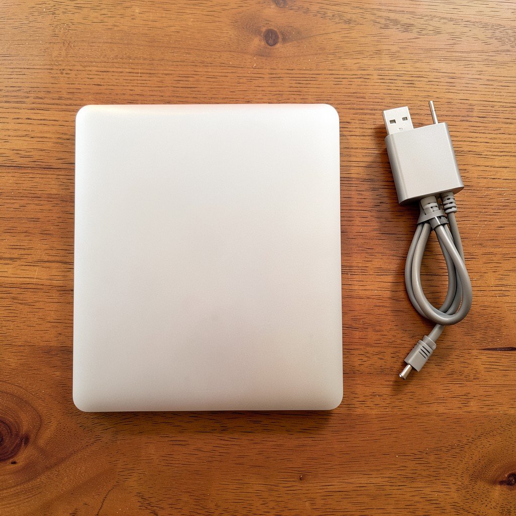 A slim silver laptop on a wooden table beside a compact USB-C power adapter and a neatly coiled cable, top-down view, warm natural light, minimal styling, no visible text, no logos, no watermark, aspect ratio 4:3