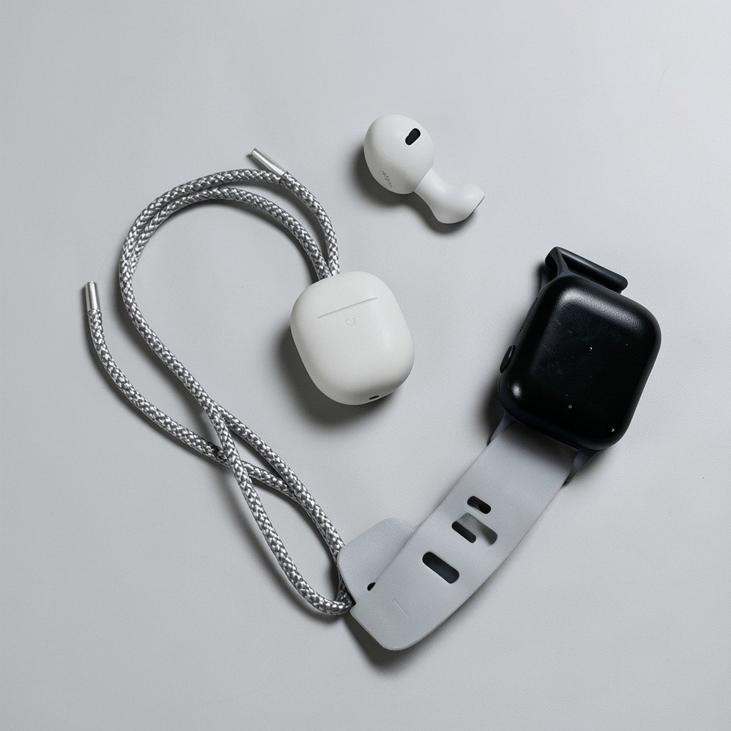 Neatly arranged accessories on a light gray surface, a braided charging cable, a wireless earbud case, and a smartwatch band, soft shadows, minimal composition, no visible text, no logos, no watermark, aspect ratio 4:3
