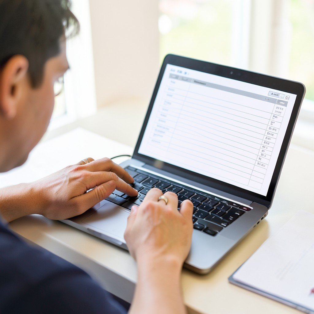 A person's hands typing on a laptop with a blank paper checklist lying beside it, over-the-shoulder view, bright indoor lighting, shallow depth of field, no visible text, no logos, no watermark, aspect ratio 1:1