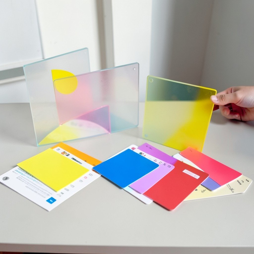 A designer comparing translucent glass panels with colorful material swatches on a desk, abstract mobile interface shapes, no visible text, no logos, no watermark, aspect ratio 1:1