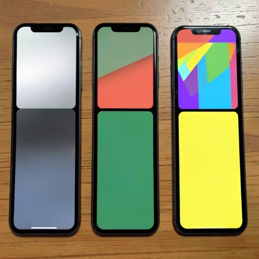 Several smartphone silhouettes on a table showing different abstract interface styles, one with frosted glass blur and others with flat colorful layers, no visible text, no logos, no watermark, aspect ratio 1:1