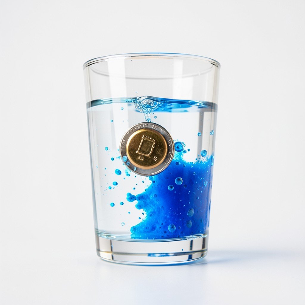 Clear glass of water with a coin cell battery and a blue dye diffusion concept, abstract safety science visualization, no visible text, no logos, no watermark, aspect ratio 4:3