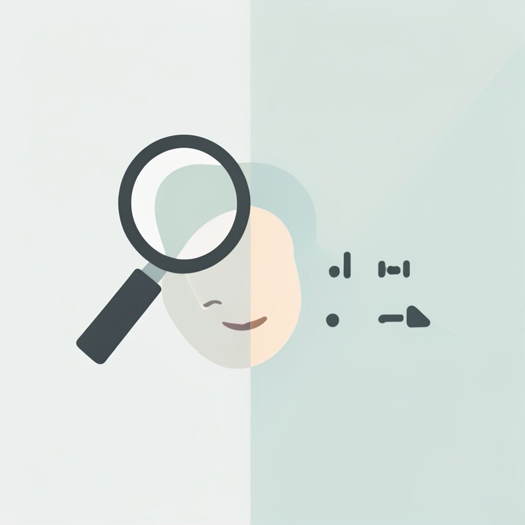 A minimal split composition contrasting a magnifying glass over an abstract face outline and a simple age scale icon, flat vector style, muted colors, no visible text, no logos, no watermark, aspect ratio 1:1