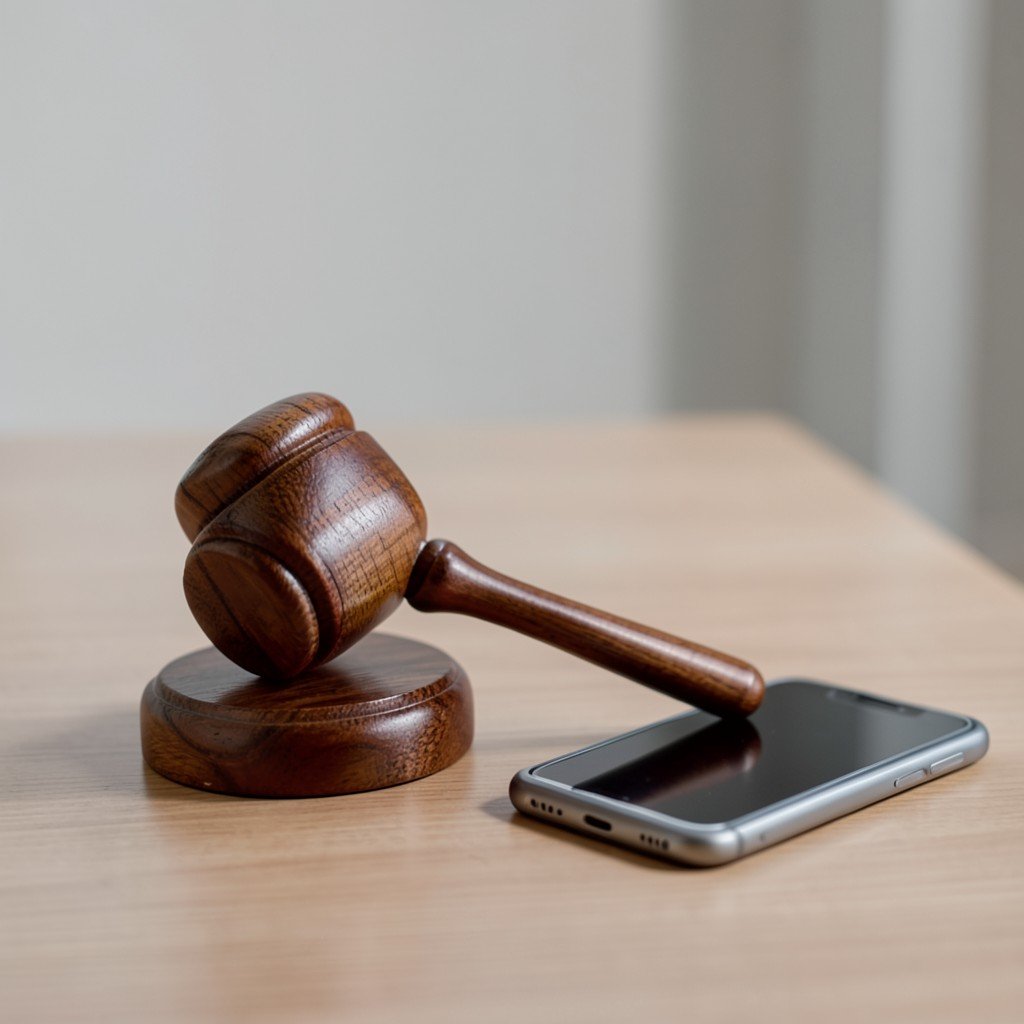 A conceptual image of a wooden gavel and a smartphone on a desk with soft neutral lighting, symbolizing regulation and app store policy, no visible text, no logos, no watermark, aspect ratio 1:1