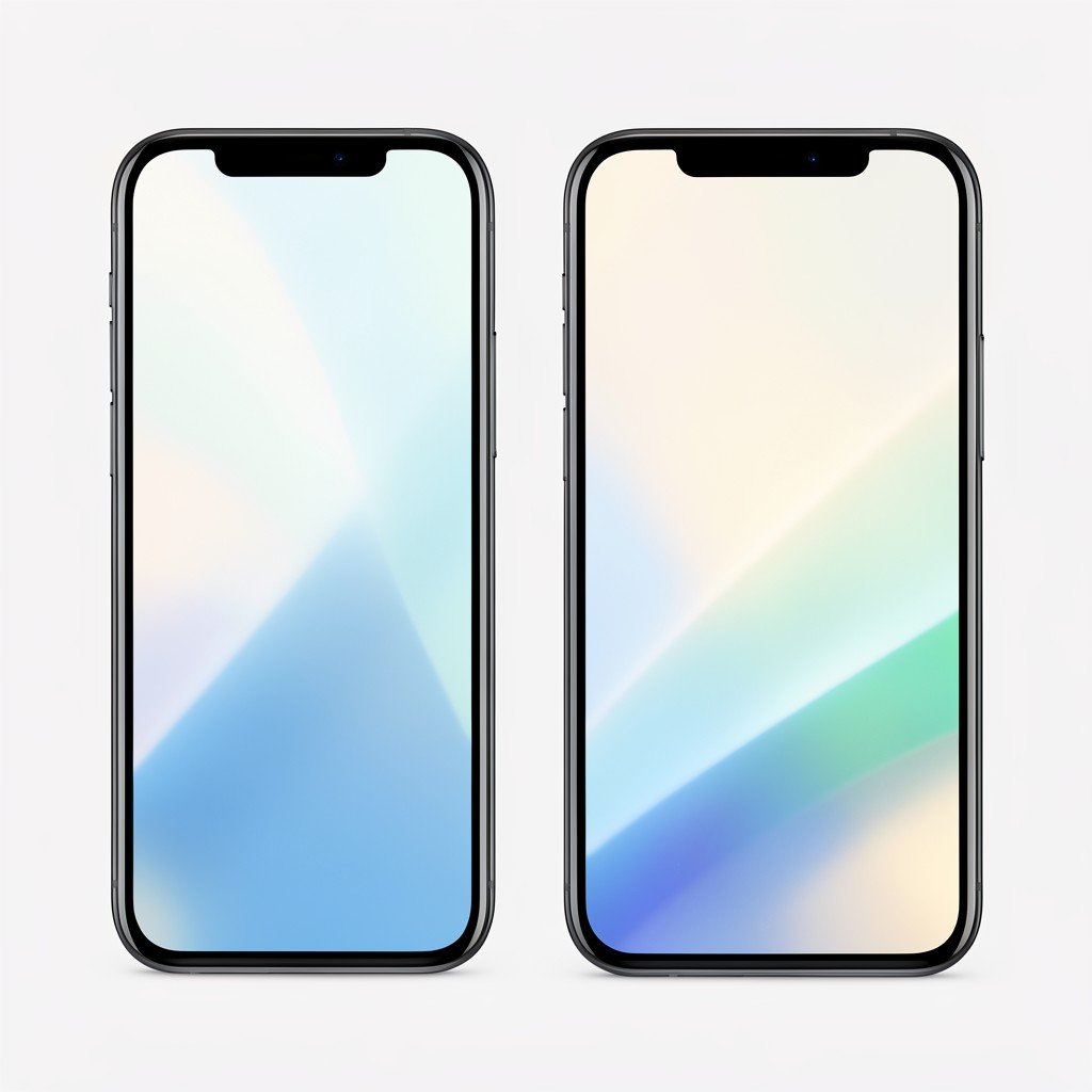 Abstract side-by-side glass panels on two smartphone screens with translucent layers and soft lighting, no visible text, no logos, no watermark, aspect ratio 4:3