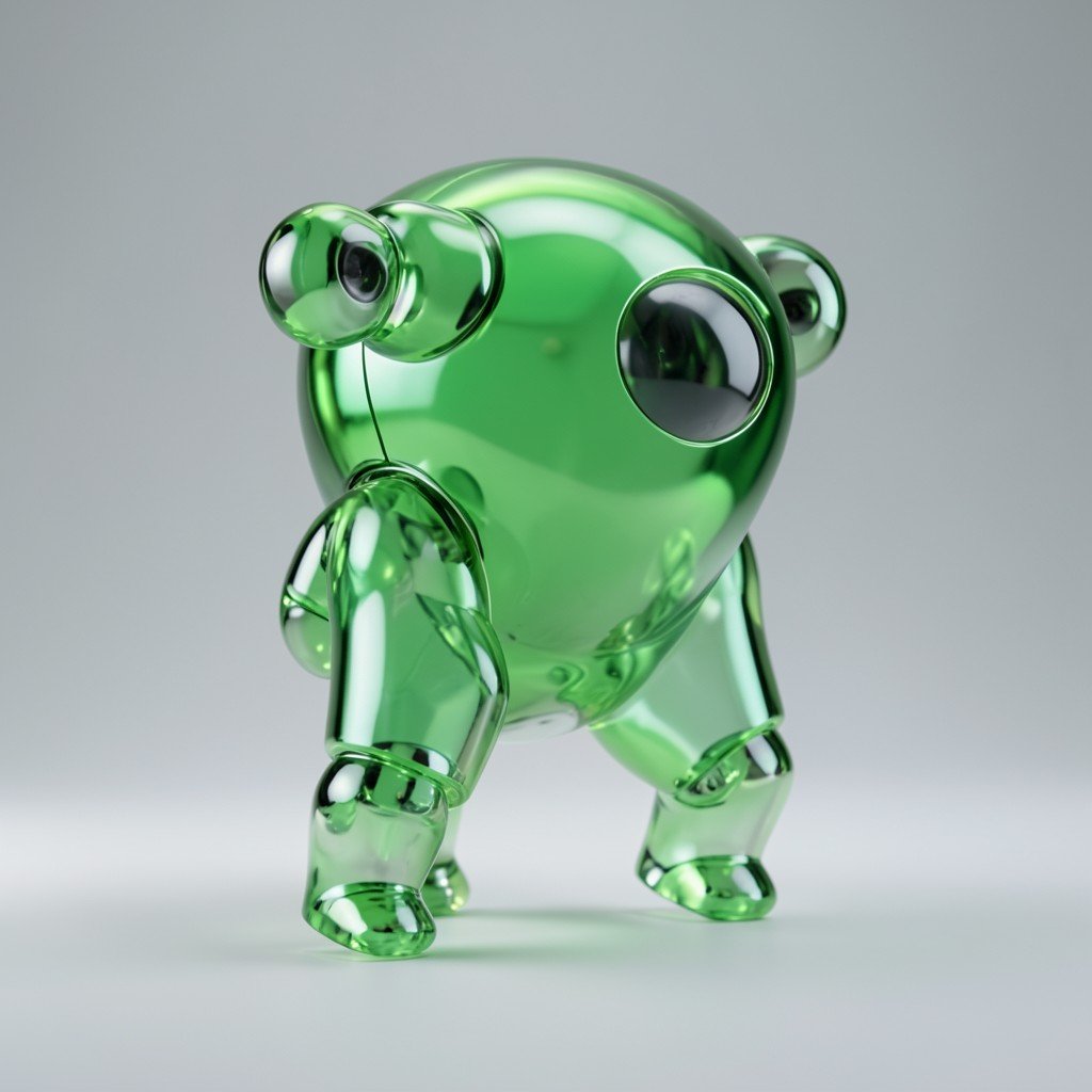 A conceptual abstract green robot-like shape turning translucent and glassy, soft studio lighting, no visible text, no logos, no watermark, aspect ratio 1:1