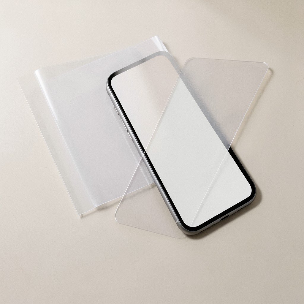 A calm conceptual illustration of a smartphone interface comparison on a desk, translucent panels and soft shadows, no visible text, no logos, no watermark, aspect ratio 1:1