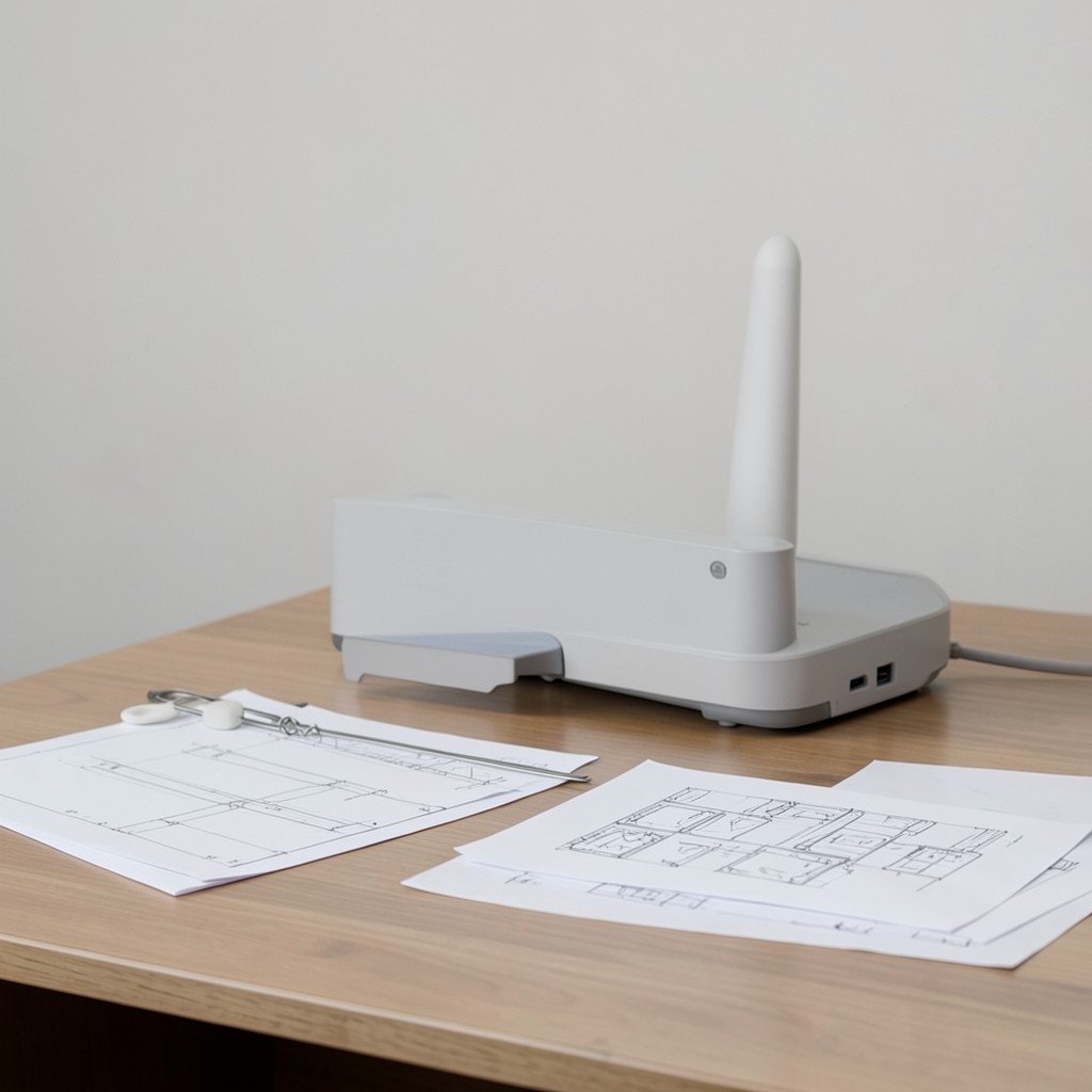 A designer's desk with a prototype device, sketches, and a calm minimal background symbolizing product-first technology thinking, no visible text, no logos, no watermark, aspect ratio 1:1