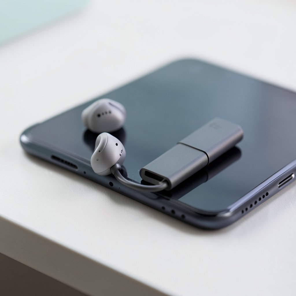 A close-up arrangement of wireless earbuds and a thin magnetic battery attached to a smartphone on a minimal desk, no visible text, no logos, no watermark, aspect ratio 1:1