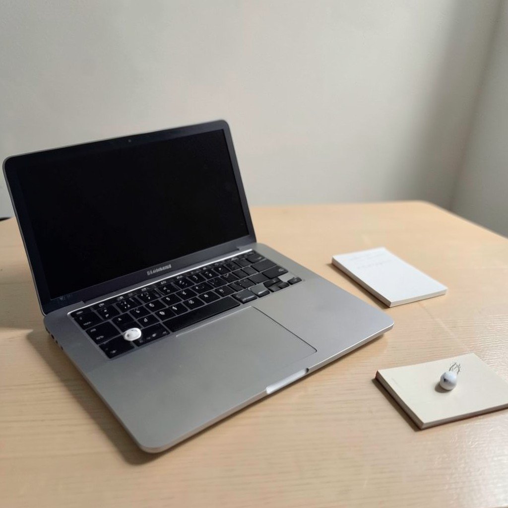 A calm desk setup with a laptop, earbuds, and a small notepad, suggesting comparison and checking details, no visible text, no logos, no watermark, aspect ratio 1:1