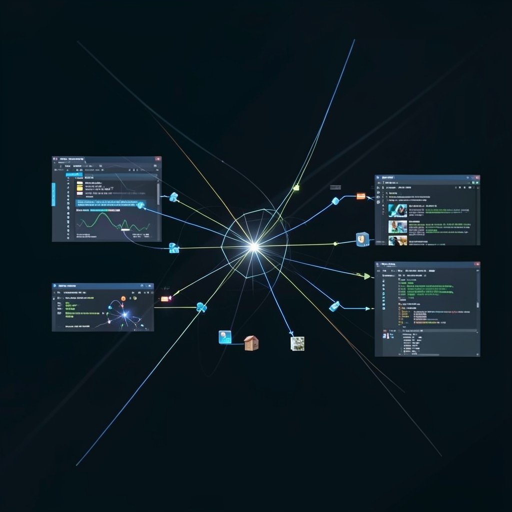 A lead AI agent delegating tasks to multiple specialist agents working in parallel on a shared digital filesystem, abstract network visualization, no visible text, no logos, no watermark, aspect ratio 1:1