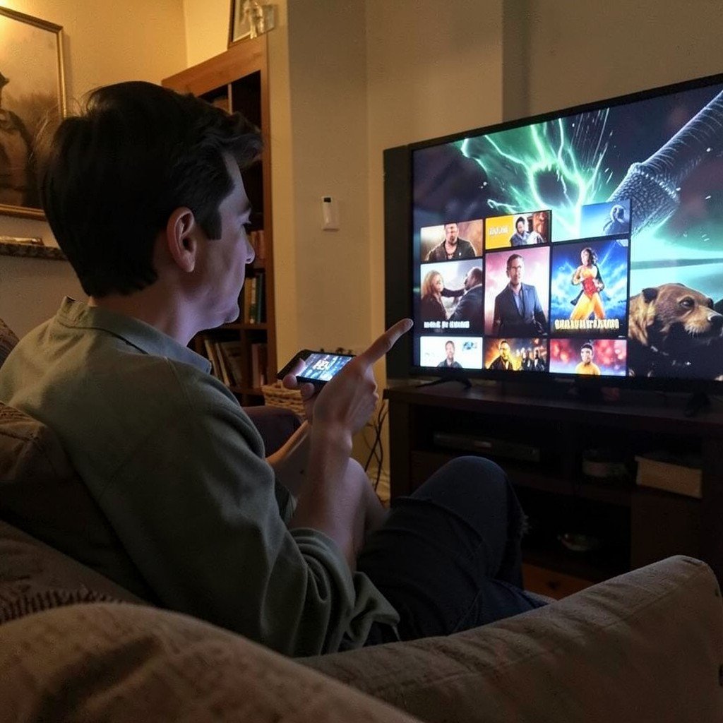 A person sitting on a sofa speaking toward a small remote, TV screen glowing with abstract movie thumbnails, cozy home interior, no visible text, no logos, no watermark, aspect ratio 1:1