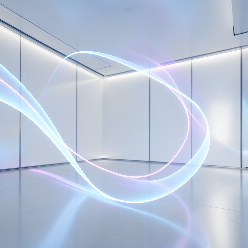 Abstract digital sound interaction with soft glowing dynamic curves in a clean high-tech space, representing fluent dialogue processing, no visible text, no logos, no watermark, aspect ratio 1:1