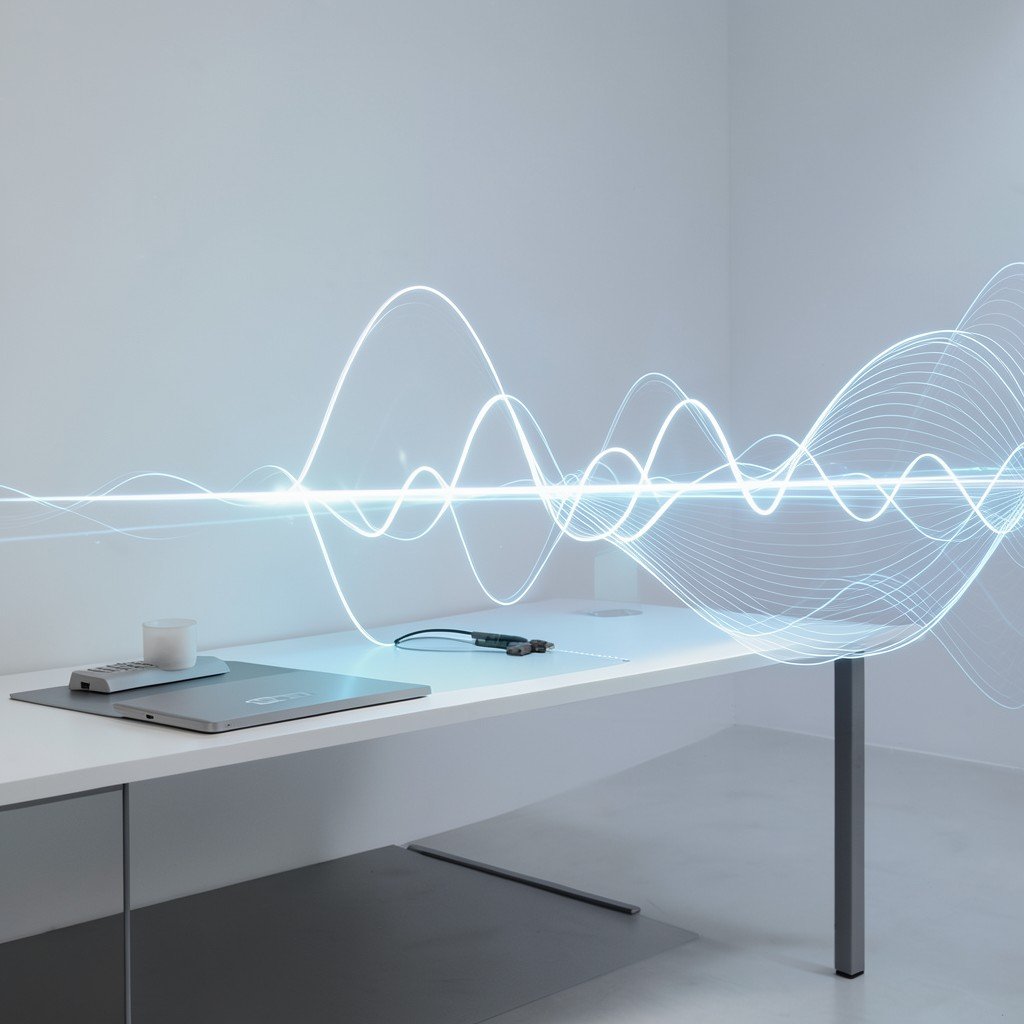 Minimalist desk workspace with sound waves translating smoothly into dynamic visual data streams, clean tech environment, soft lighting, no visible text, no logos, no watermark, aspect ratio 1:1