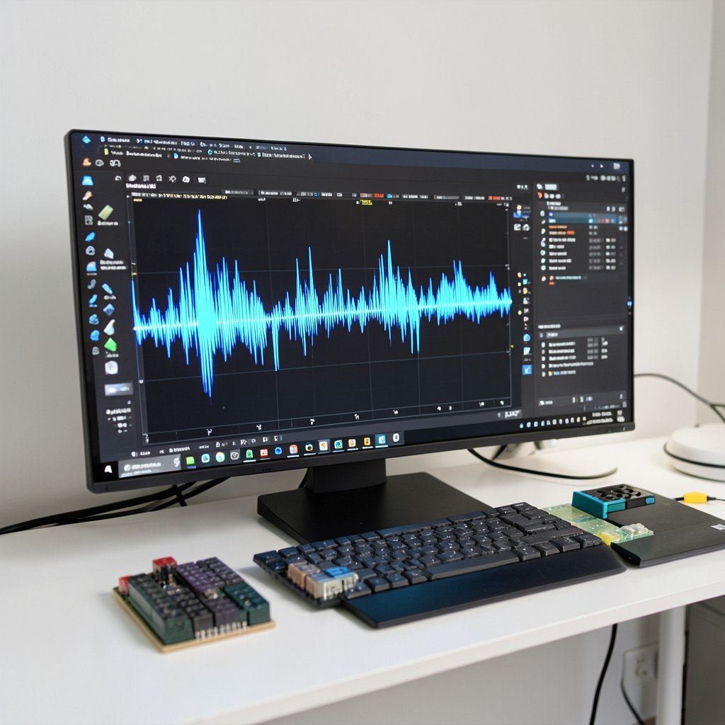 Developer workstation screen showing abstract audio frequency wave visualizations and modular blocks, modern minimal workspace, no visible text, no logos, no watermark, aspect ratio 1:1