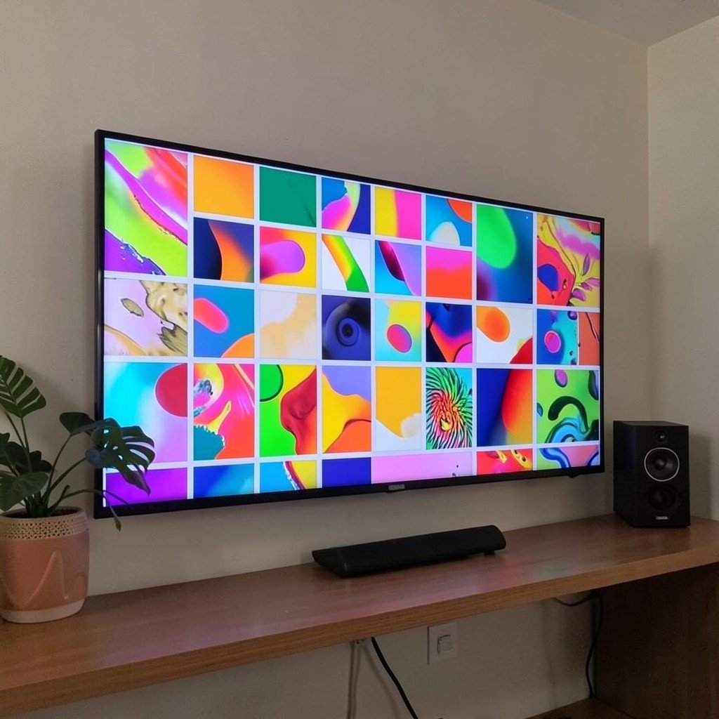 A large television screen displaying a grid of abstract colorful app tiles, living room shelf with a speaker and plant, no visible text, no logos, no watermark, aspect ratio 1:1