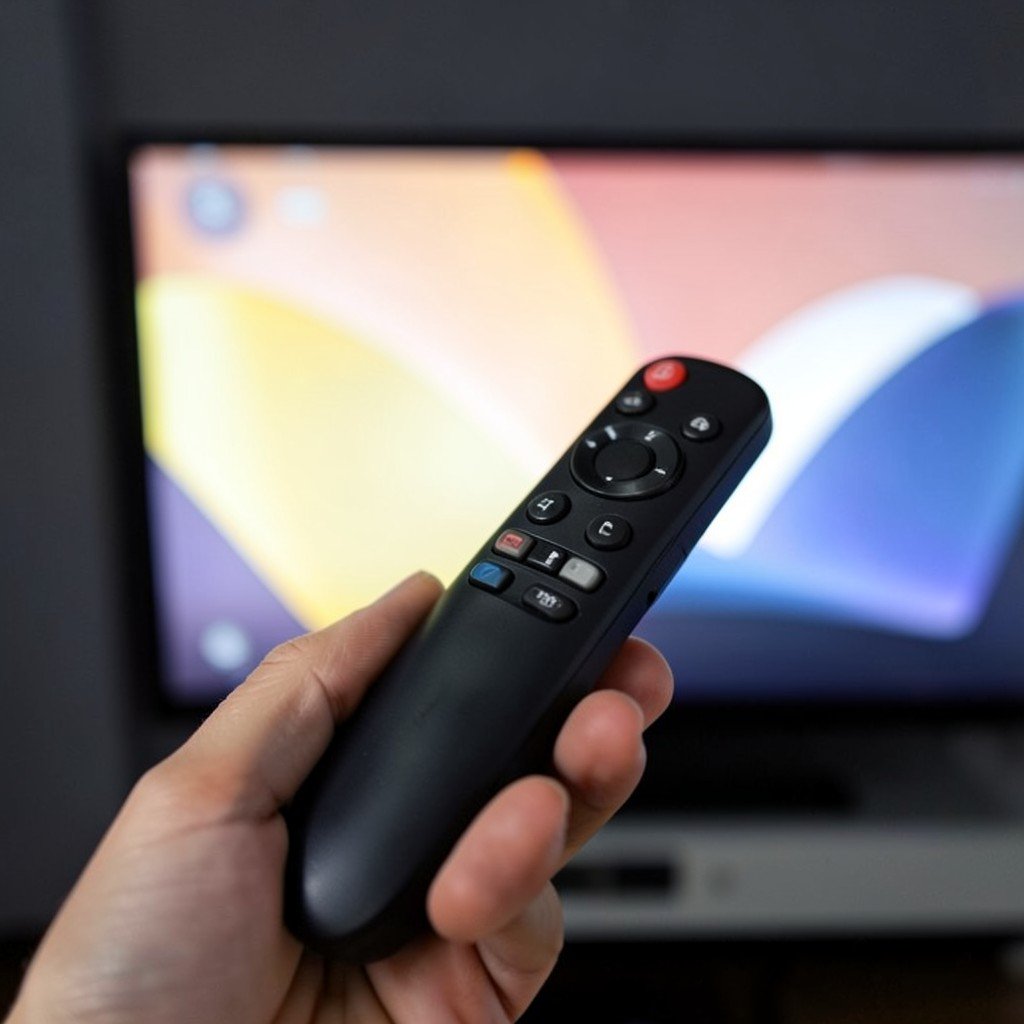 Close-up of a sleek remote control in a hand with a softly glowing television screen in the background, abstract shapes only, no visible text, no logos, no watermark, aspect ratio 1:1