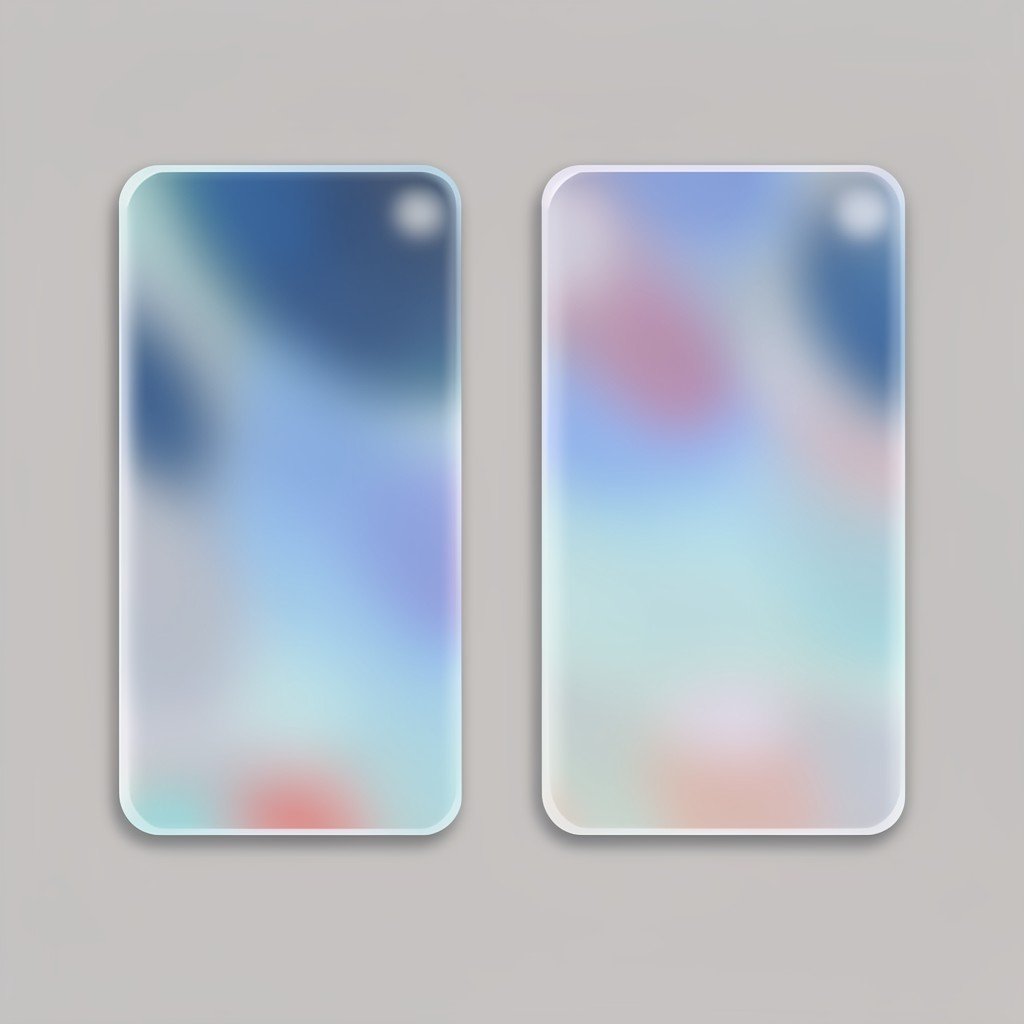 A conceptual side-by-side illustration of two abstract mobile interfaces with glass and blur effects, neutral background, no visible text, no logos, no watermark, aspect ratio 1:1